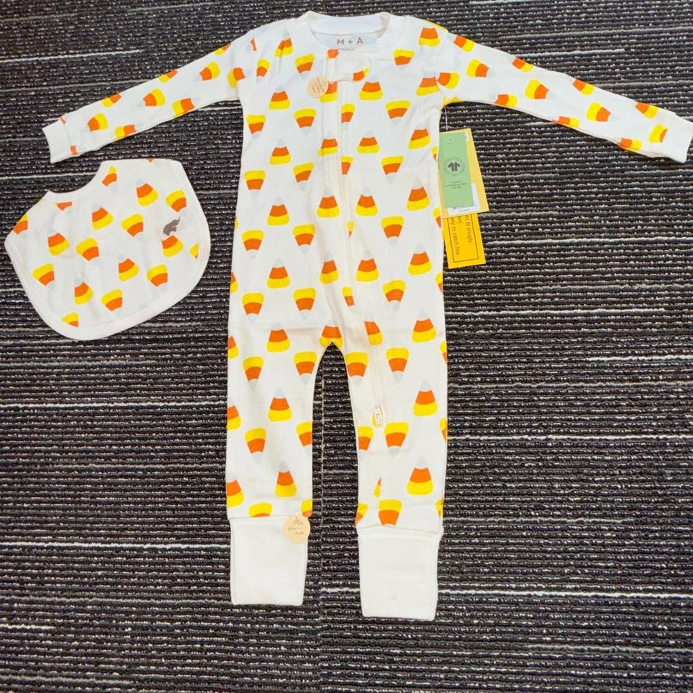 Monica + Andy Candy Corn Sleeper Bib Set Kids 9-12M New Organic Cotton Halloween